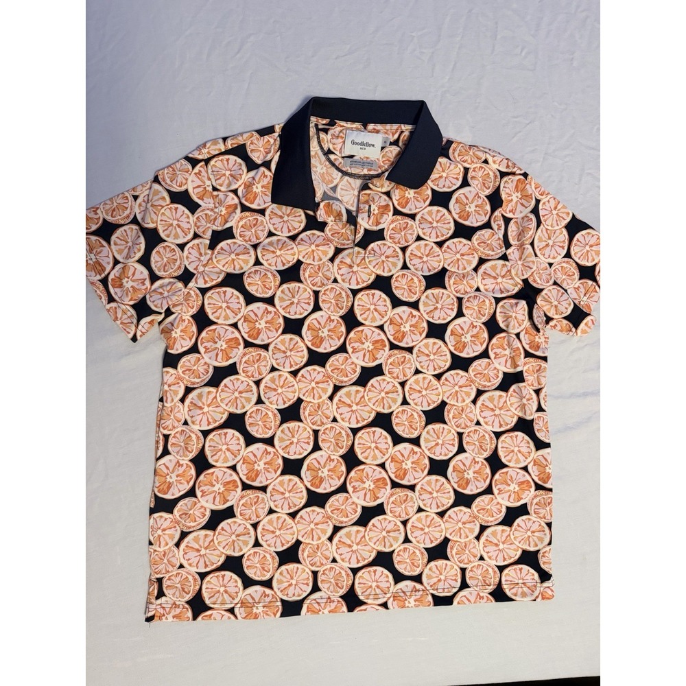 Goodfellow & Co Men's XL Blue/Orange Fruit Graphic Knit Polo SS, Button